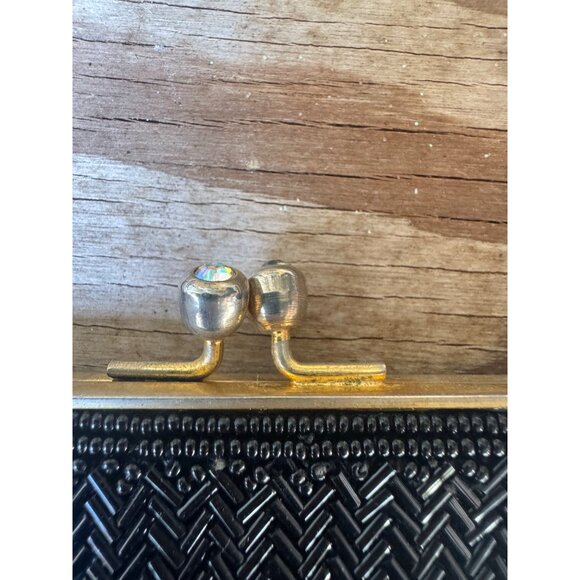Vintage Black Beaded Evening Clutch Purse With Gold Chain Strap & Rhinestone Cla - Picture 3 of 5